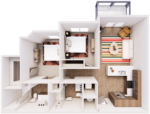 Floor plan for 2 beds, 2 baths, 910 sqft